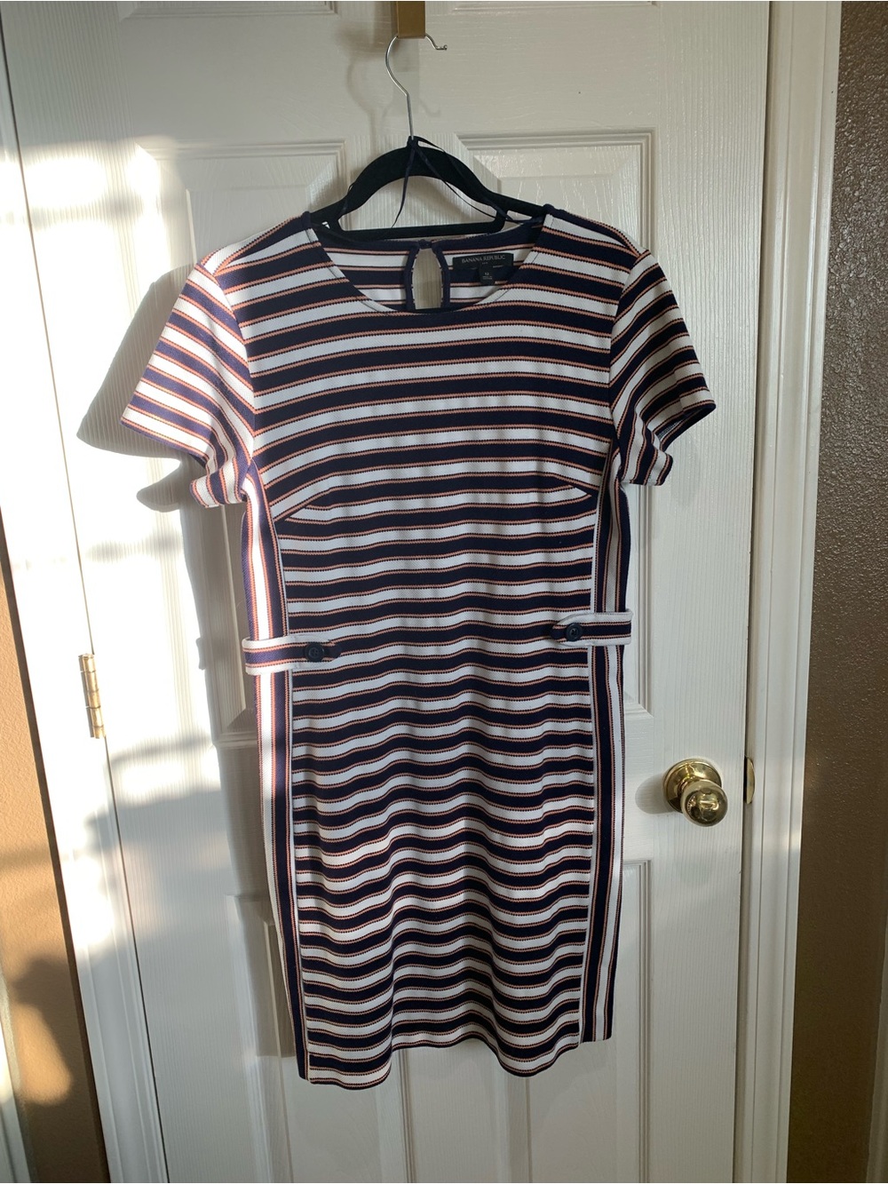 Banana Republic Navy, White and Red Striped Short Sleeve Sheath Dress